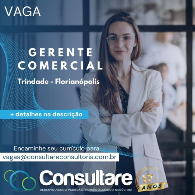 GERENTE COMERCIAL 
Trindade - Florianópolis

FORMAÇÃO/VIVÊNCIAS
- Graduação em Administração, Gestão Comercial, Marketing ou áreas afins; Desejável pós-graduação;
- Sólida vivência no desenvolvimento de ações táticas de vendas e gestão de equipe comercial (vendedores internos e representantes);
- Experiência na área comercial para captação de alunos para faculdades, escolas ou instituições educacionais e/ou imobiliárias – segmentos desejáveis;
- Atuação dinâmica na abertura de novas praças;
- Forte interação com área de Marketing;
- Pacote Office (Excel intermediário/Avançado);

PRINCIPAIS ATIVIDADES
- Gerenciamento de equipe comercial (presencial e remota);
- Treinamento em vendas;
- Criação e execução de planos para captação de alunos;
- Boa relação com equipe de marketing;
- Criação e execução de planos táticos para desenvolvimento de novas praças.

- Perfil: Visão estratégica – Planejamento e Organização – Liderança de times – Autogerenciamento – Dinamismo - Foco no atingimento de metas.

Horário: 2a. a 6ª. feira (44 horas semanais) - PRESENCIAL

Disponibilidade para trabalhos eventuais, além do horário comercial, bem como para viagens à feiras e abertura de novas praças).

A EMPRESA OFERECE
Salário (CLT): R$ 4 mil fixos + comissões sobre vendas (remuneração total aprox. R$ 10-12 mil);

Benefícios mensais: VR R$ 650,00 + VA R$ 2.000,00 + Auxílio combustível R$ 1.000,00.